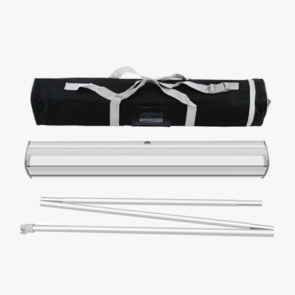 Retractable banner stand kit with padded carrying case, aluminum base, and support poles for portable trade show and event displays.