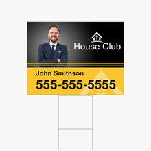 24x18 inch custom real estate yard sign with 10x30 inch metal H-stake, featuring Real Estate agent design and contact information.