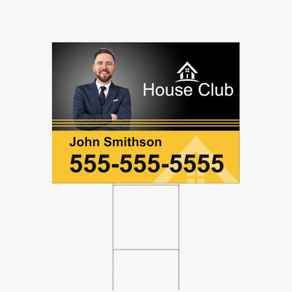 24x18 inch custom real estate yard sign with 10x30 inch metal H-stake, featuring Real Estate agent design and contact information.