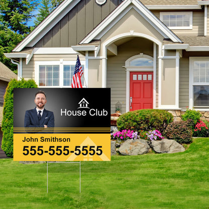 Custom real estate yard sign with agent photo and contact information, displayed on lawn in front of house, example of personalized coroplast yard sign.