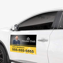 Custom 30mil car magnet for real estate agent, full color House Club design with contact information, displayed on vehicle door.